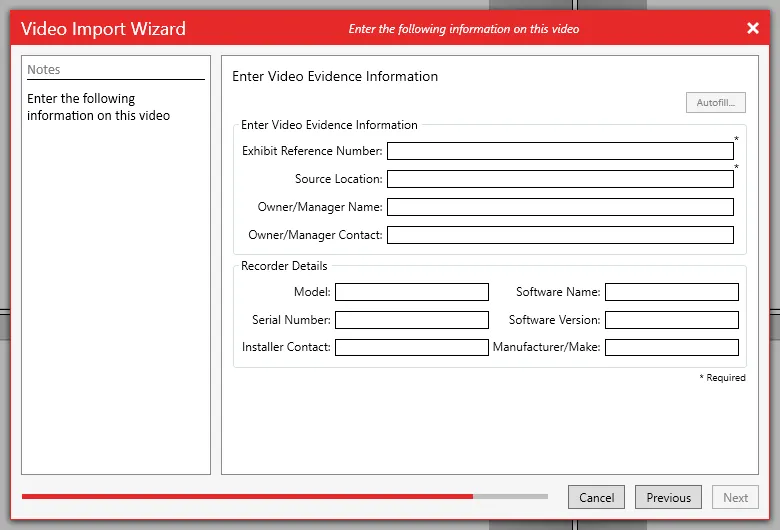 The evidence information page of the Video Import Wizard with its default fields.