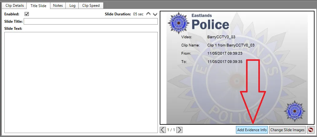 The Title Slide tab with an arrow pointing to the Add Evidence Info button below the slide preview.