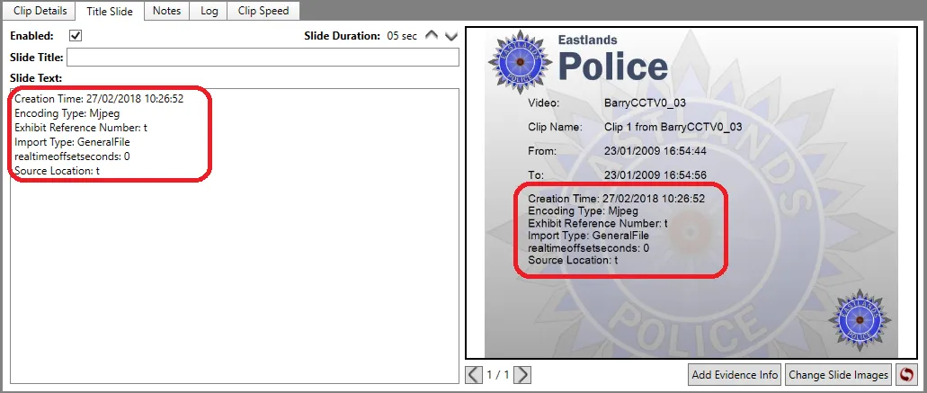 A title slide after Add Evidence Info, with the evidence details shown in both the slide text and the preview.