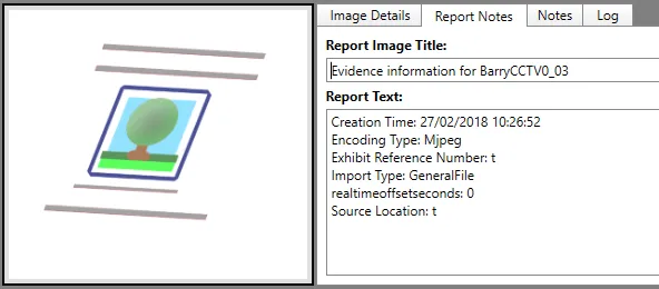 The Report Notes tab showing the evidence information added to an image report note.