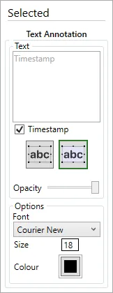 The Text Annotation panel with Timestamp ticked by default and font, size and colour options.