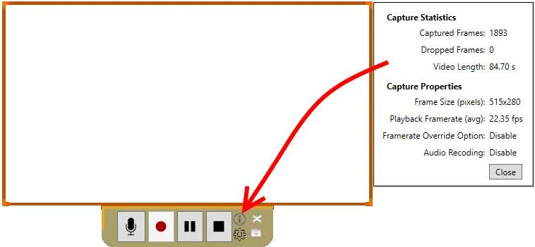 Screen Capture with the capture statistics report open, listing captured and dropped frames, frame size and playback frame rate.