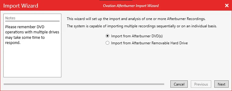 The Ovation Afterburner Import Wizard, with options to import from Afterburner DVDs or a removable hard drive.