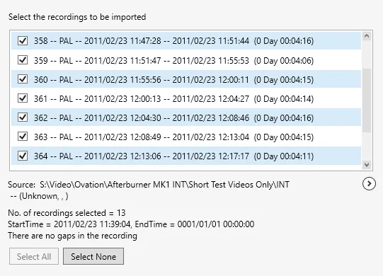 The list of recordings found on the Afterburner hard drive, with Select All and Select None buttons.