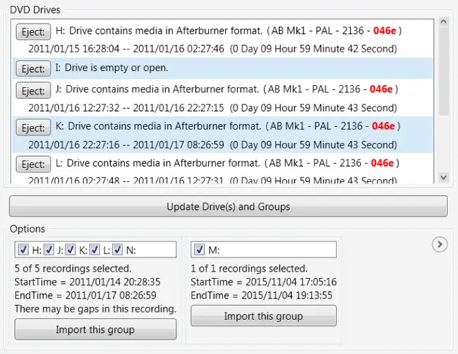 The DVD Selection page listing Afterburner discs in each drive, grouped into recordings with an Import this group button.