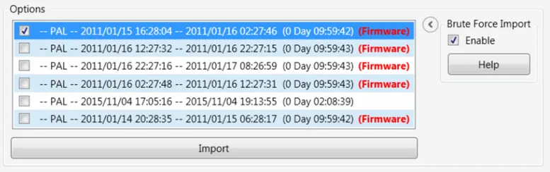 Brute force import enabled, listing the individual recordings on the discs to choose from.