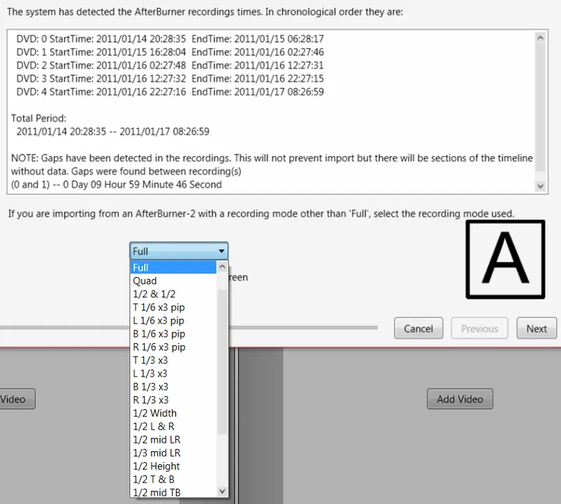 The recording times page with the recording mode drop-down open, listing Full, Quad and other layouts.