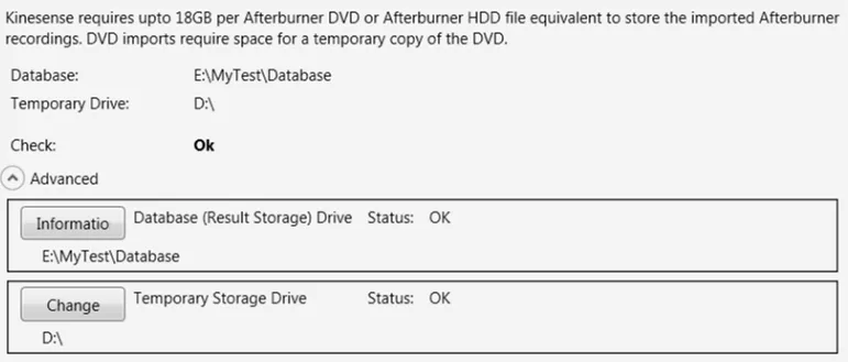 The Working Data Directory Selection page showing the database and temporary storage drives and their status.