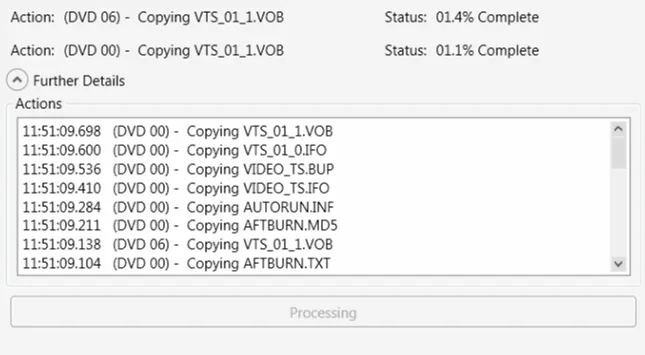 The import wizard showing the progress of copying files from each DVD.