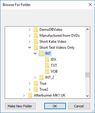 A folder browser with the Afterburner parent folder selected, containing IDX and VOB subfolders.