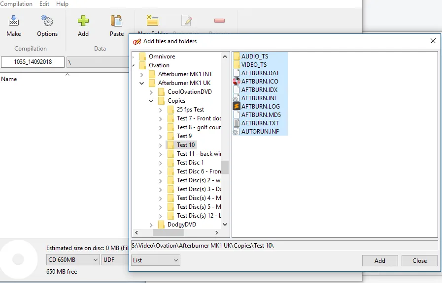 Adding the entire contents of an Afterburner disc folder to a new ISO in BurnAware.