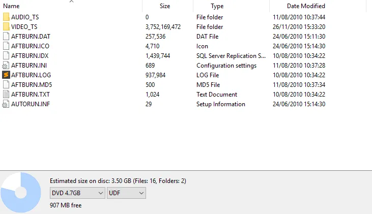 The Afterburner disc files added to the ISO, including the AUDIO_TS and VIDEO_TS folders and AFTBURN files.