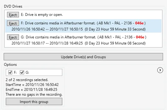 The Afterburner DVD Selection page reading the mounted ISO images as DVD drives.