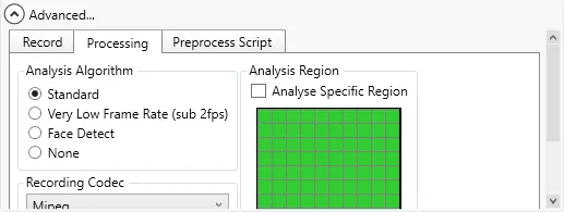 The Processing tab showing Analysis Algorithm options and the Analyse Specific Region grid.