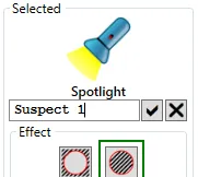 The annotation name box under the selected spotlight, with the name Suspect 1 being typed.