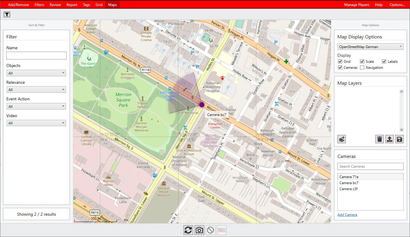 The Maps tab showing a street map with cameras and their viewing cones.