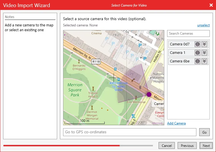 The camera selection page of the Video Import Wizard, with a map and a list of existing cameras.