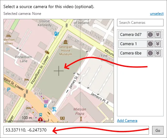 The camera selection map with arrows to the crosshairs in the centre and the GPS coordinates box.