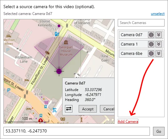 A new camera added in edit mode on the map, with an arrow to the Add Camera link.