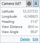 An expanded camera in the list showing its latitude, longitude, heading, view distance and view angle.
