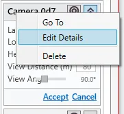 The right-click menu on a camera in the list: Go To, Edit Details and Delete.