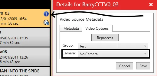 The Video Options tab of the video details window, with the Camera drop-down highlighted.