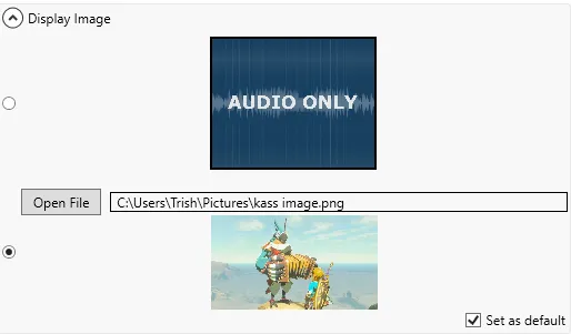 The Display Image section with a custom image chosen and Set as default ticked.
