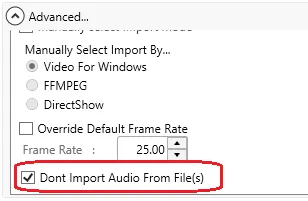 The Record tab of the advanced import options with Dont Import Audio From File(s) ticked.
