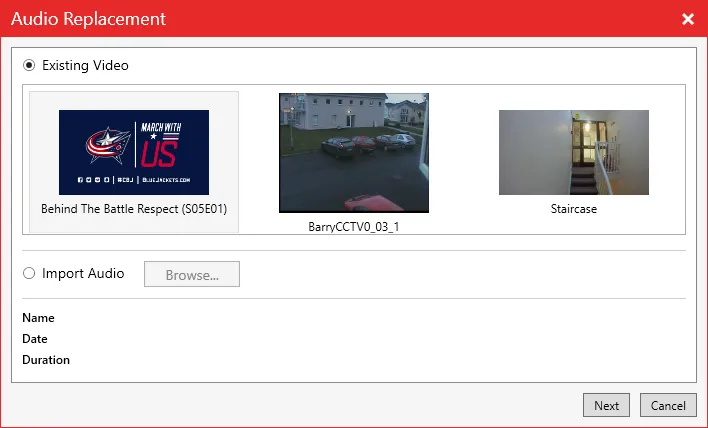 The Audio Replacement window listing existing videos to take audio from.