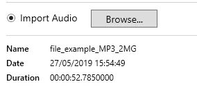 The Import Audio option with the chosen file’s name, date and duration.