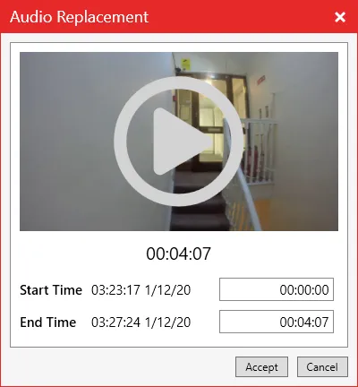 The Audio Replacement preview for choosing the start and end time of the audio.