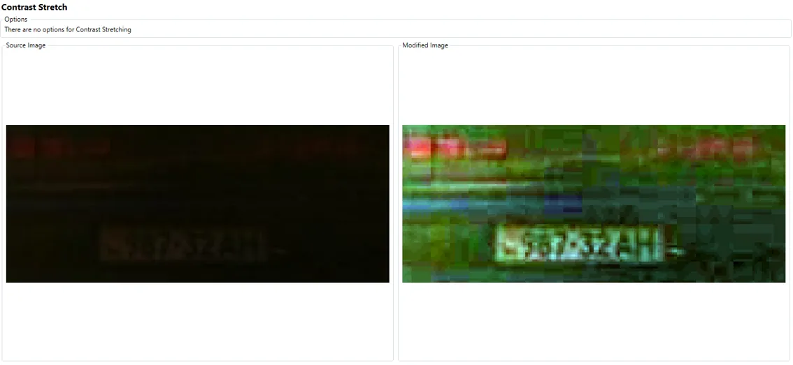 A very dark licence plate before and after contrast stretch, which makes the plate readable.