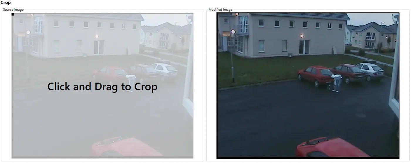 The crop tool with “Click and Drag to Crop” over the source image and a preview of the result.
