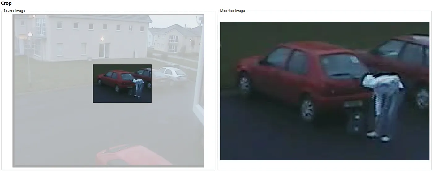 A crop box drawn around two cars and a person, with the cropped result shown enlarged.