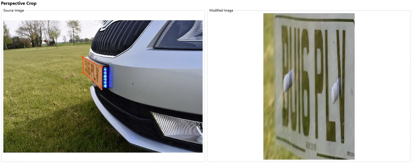 Perspective crop applied to an angled licence plate on a car, with the straightened plate shown beside it.