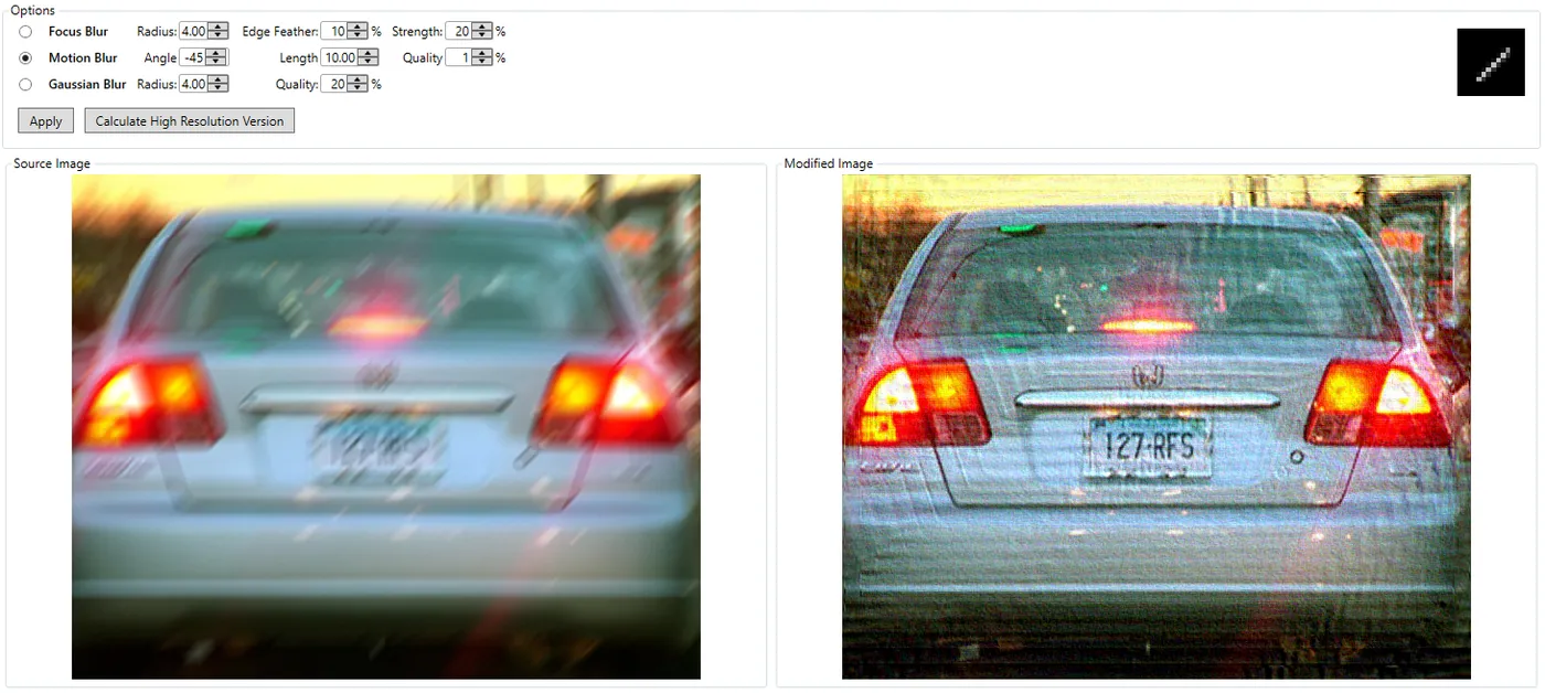 A motion-blurred car rear before and after deblurring, making the licence plate clearer.