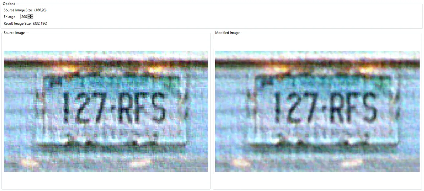 A licence plate reading 127-RFS before and after superresolution.