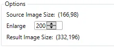 The Superresolution options: source image size, enlarge percentage and result image size.