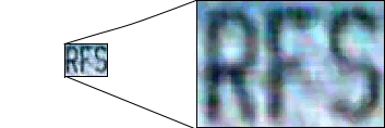 A small crop of the letters RFS enlarged with superresolution.
