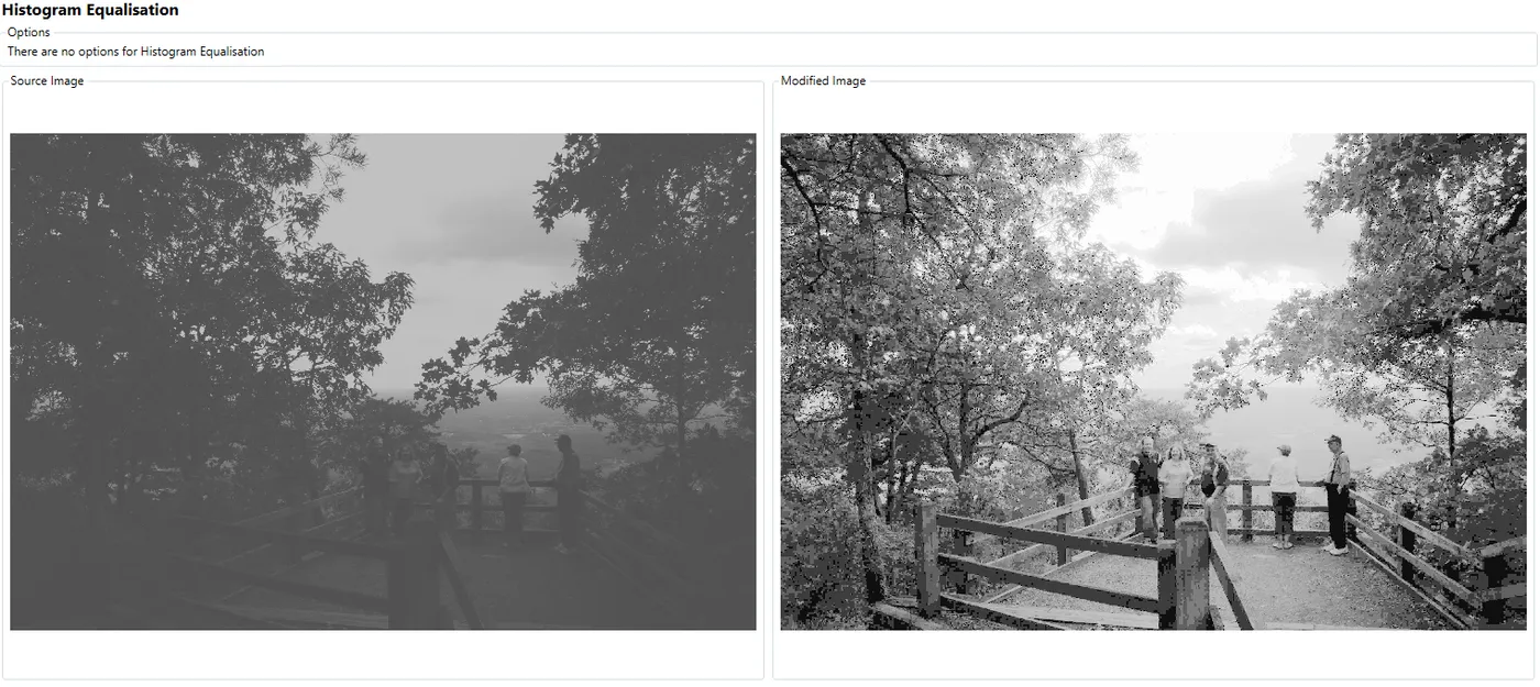 A low-contrast viewing platform scene before and after histogram equalisation.