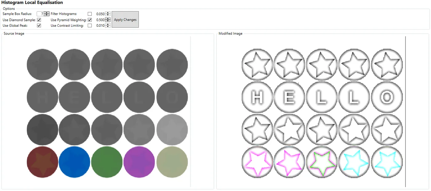 A test image of grey and coloured circles before and after local histogram equalisation reveals hidden stars and the word HELLO.