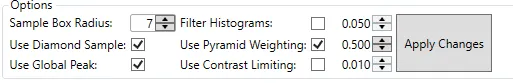 The local histogram equalisation options: sample box radius, diamond sample, global peak, filter histograms, pyramid weighting and contrast limiting.