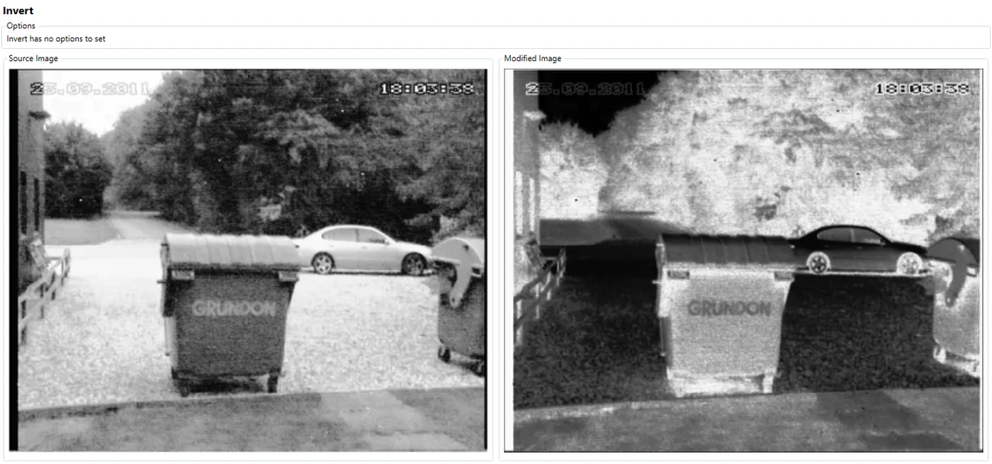 A CCTV frame of a driveway before and after inverting it to a negative.