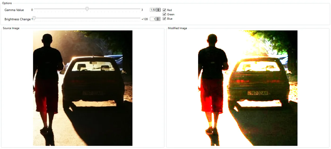 A backlit person and car before and after gamma correction brings out the detail in the shadows.