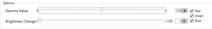 The gamma correction options: gamma value, brightness change and red, green and blue channel checkboxes.