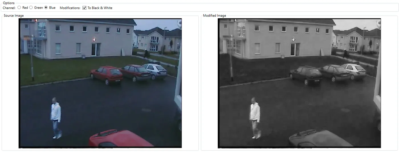 A street scene before and after splitting out the blue channel as black and white.