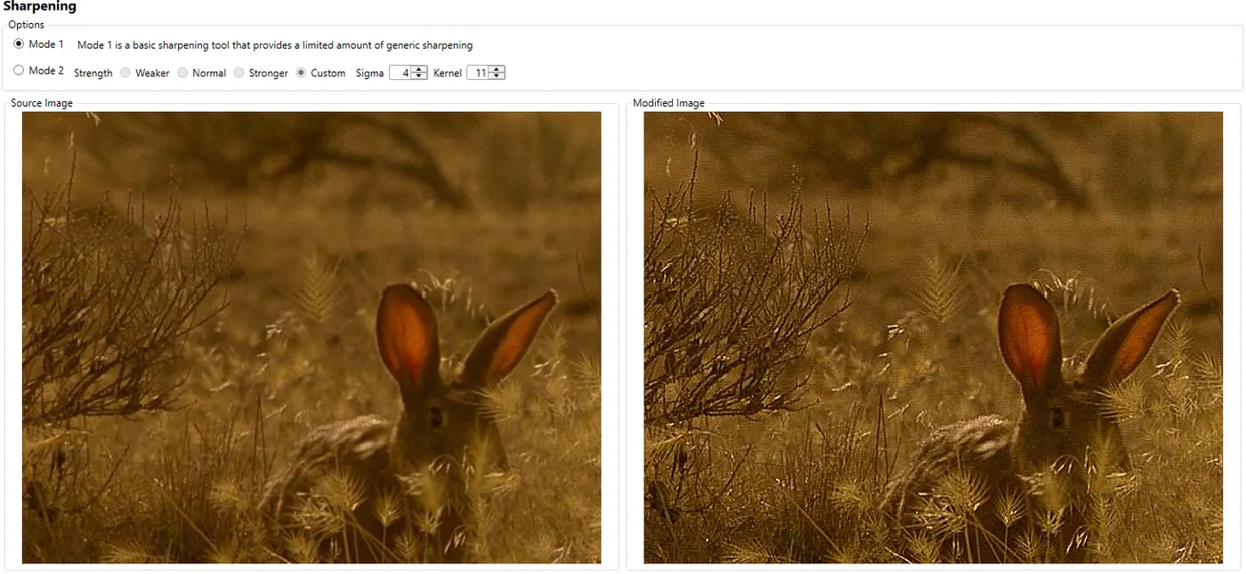 An image of a rabbit in grass before and after sharpening.