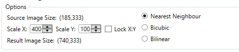The Scale Image options: scale X and Y, Lock X:Y, source and result image size and interpolation method.