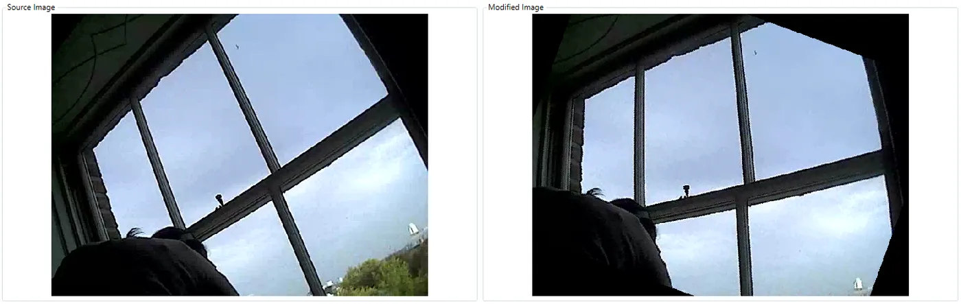 A tilted view through a window, before and after free rotation.