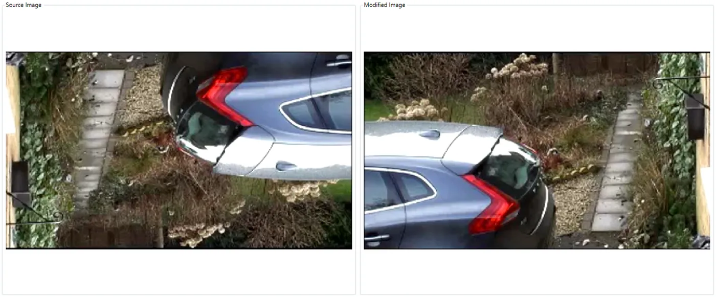 An upside-down image of a car, before and after rotating by 180 degrees.